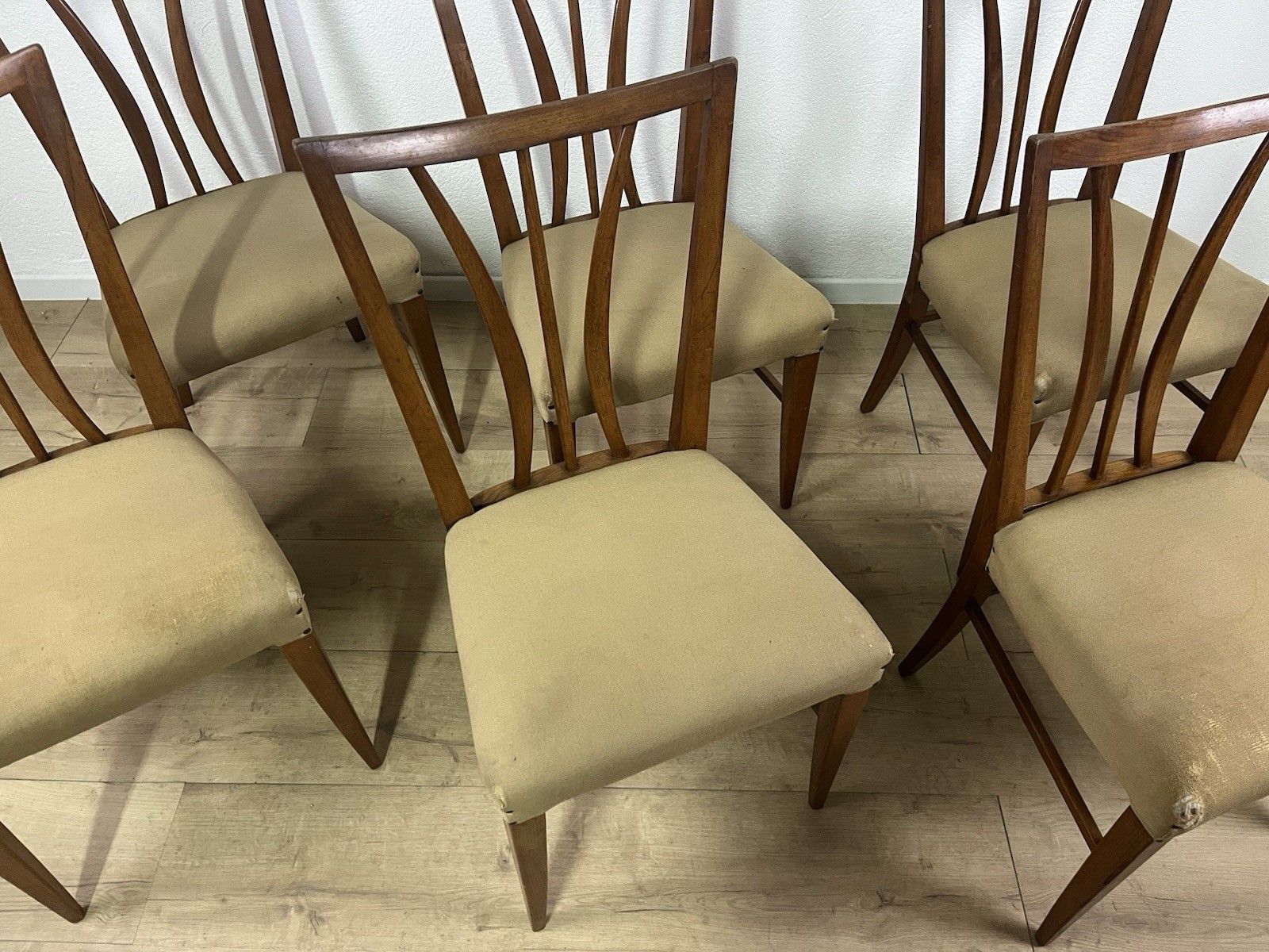 Set Of 6 Curved Wood Fabric Tempestini Chairs 1950’ Vintage Design photo Furniture