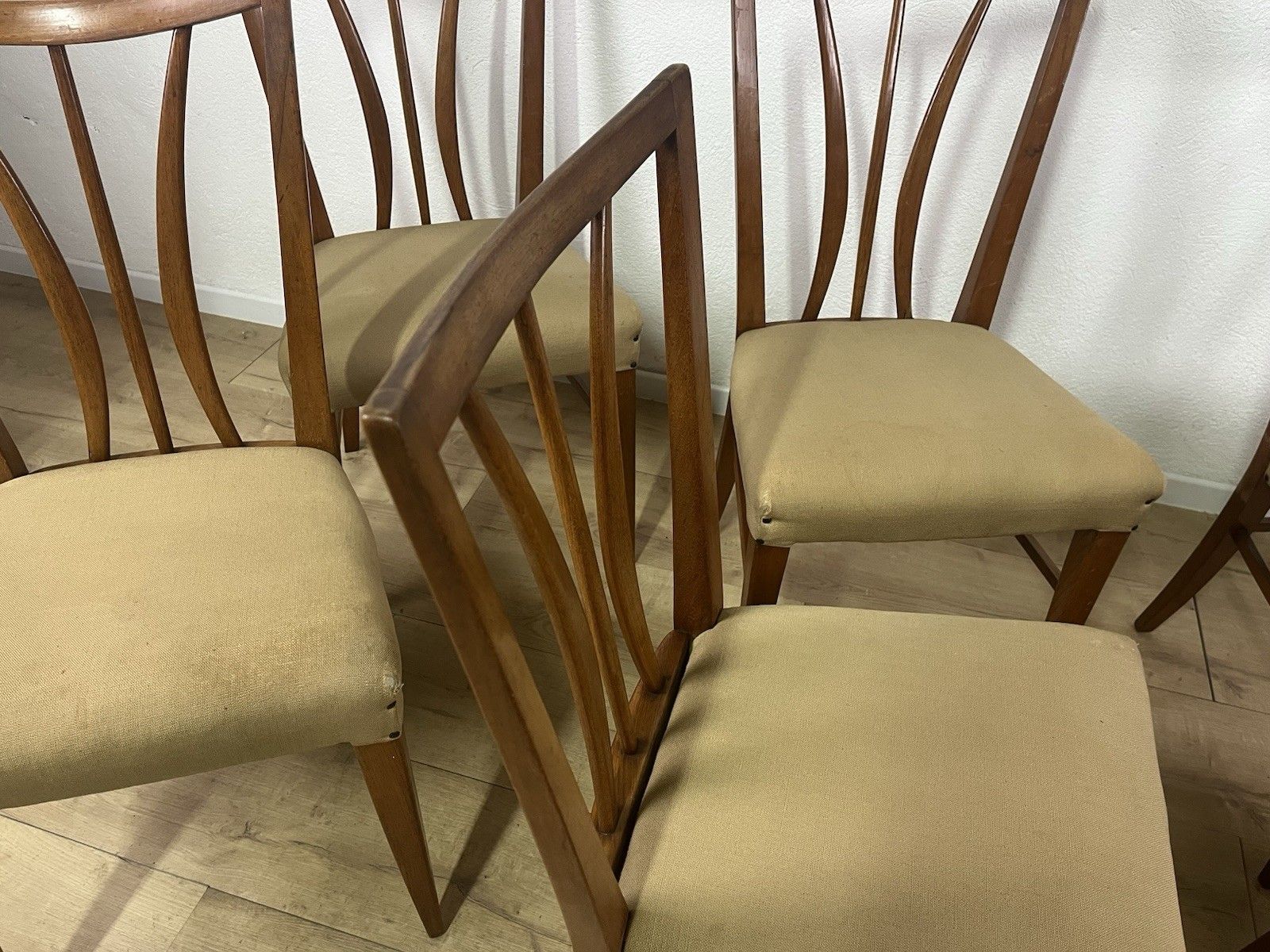 photo vintage Set Of 6 Curved Wood Fabric Tempestini Chairs 1950’ Vintage Design