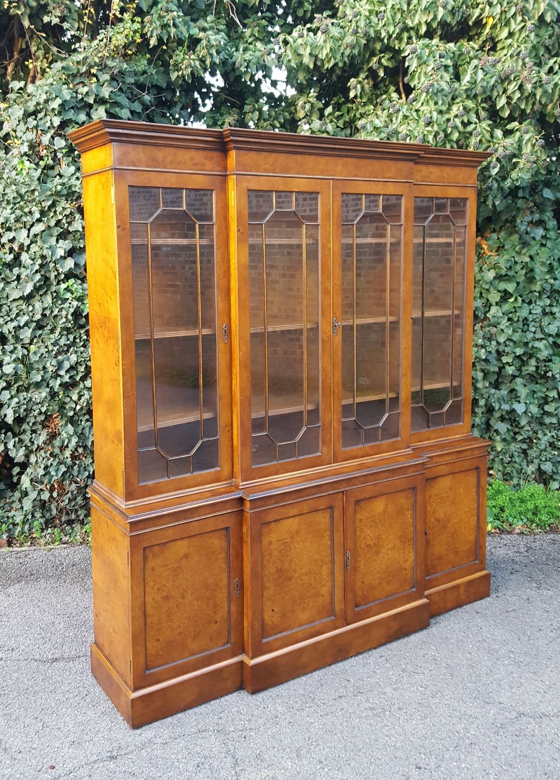 Antique Burr Walnut Breakfront Library Bookcase
