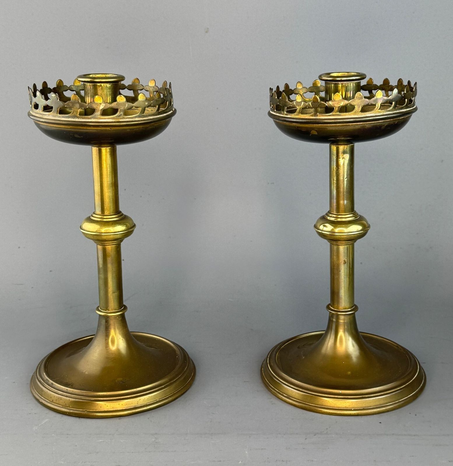 Pair Of Brass Candlesticks Of Gothic Design photo for sale