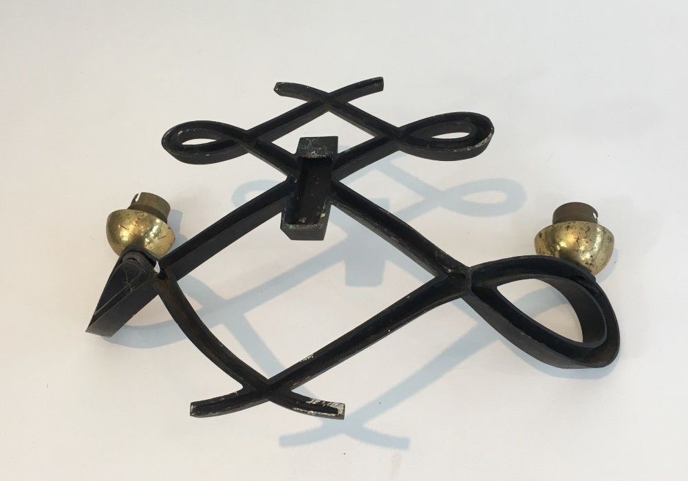 In The Style Of Jules Leleu. Pair Of Black Lacquered And Brass Design Wall Sconces. Circa 1950 photo vintage