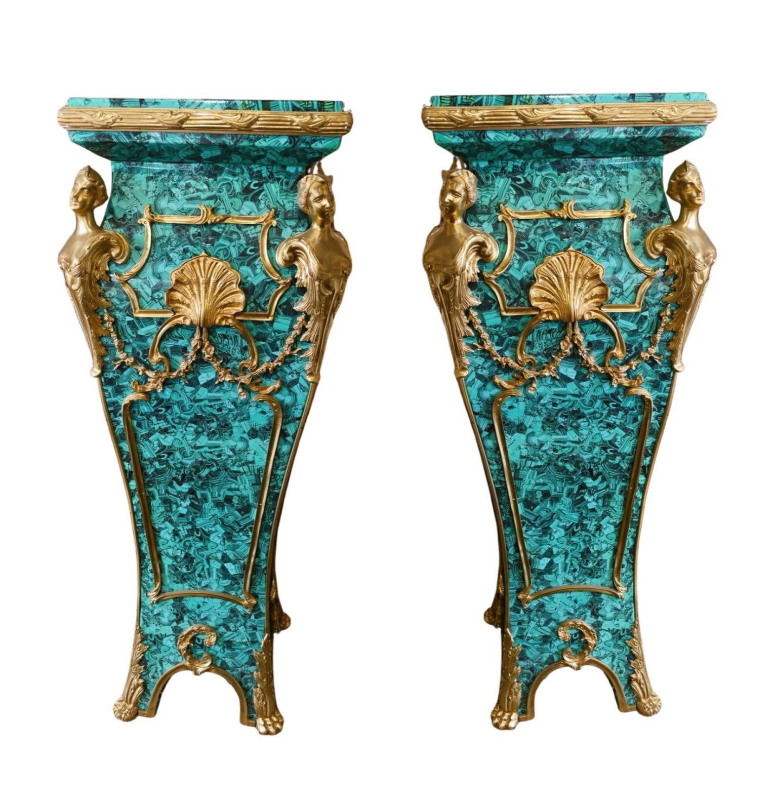 Pair Faux Malachite Pedestal Stands Louis XVI Revival Tables