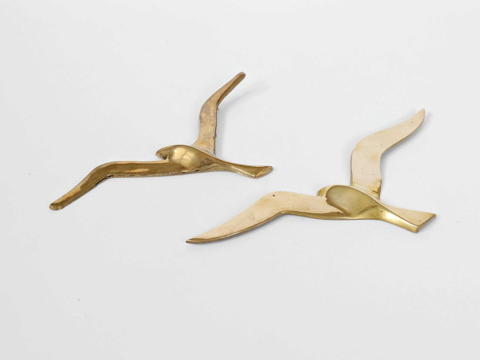 Set Of 2 Midcentury Brass Flying Birds: 1960s Minimalist Sculptural Seagull Wall Art photo furniture