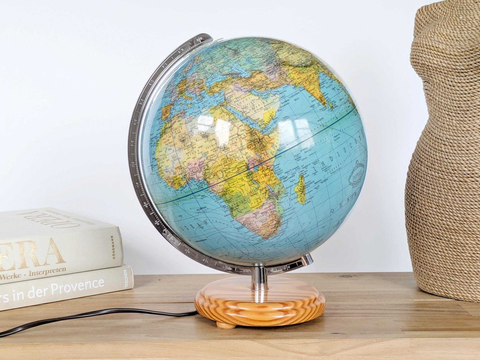 Vintage 1980s Columbus Duplex Illuminated Globe: Political & Physical Map, Pine Wood Base, European Plug photo furniture