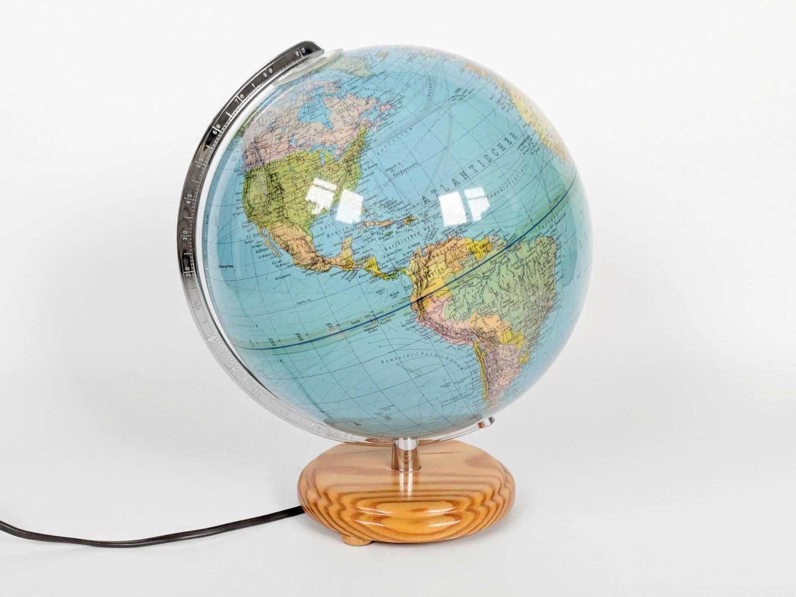 Vintage 1980s Columbus Duplex Illuminated Globe: Political & Physical Map, Pine Wood Base, European Plug photo 152.0