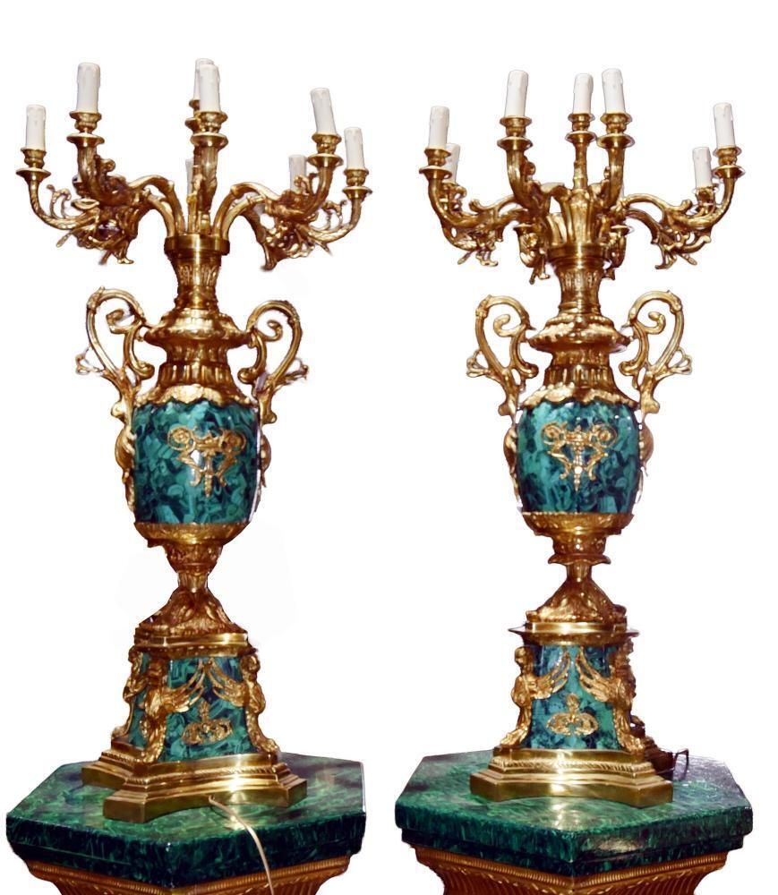 Pair Faux Malachite Candelabras Gilt Empire Revival