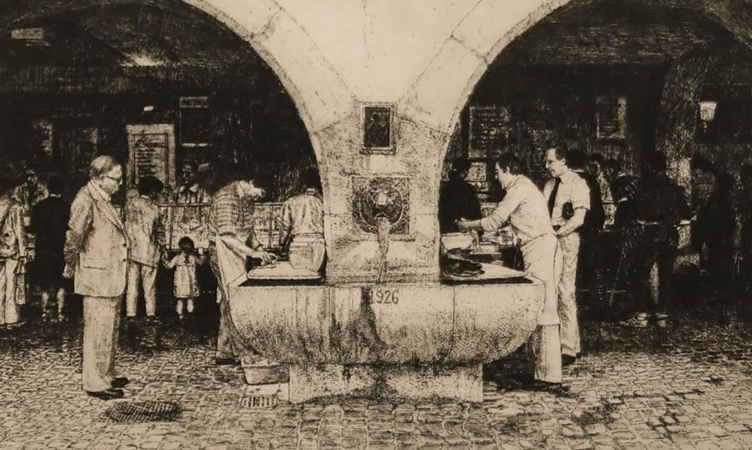 Wilfred R. E. Fairclough (1907 1996) Framed 1986 Etching, Italian Fishmongers photo furniture