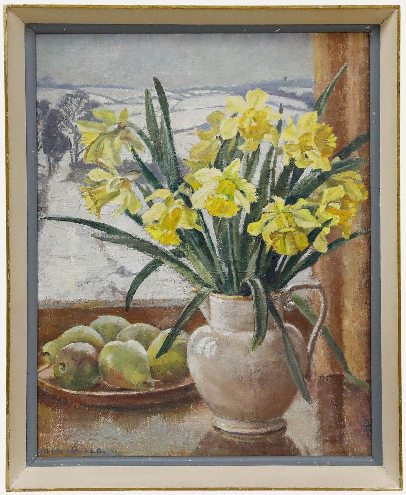 Hilda Waller Mid 20th Century Oil, Daffodils And Pears