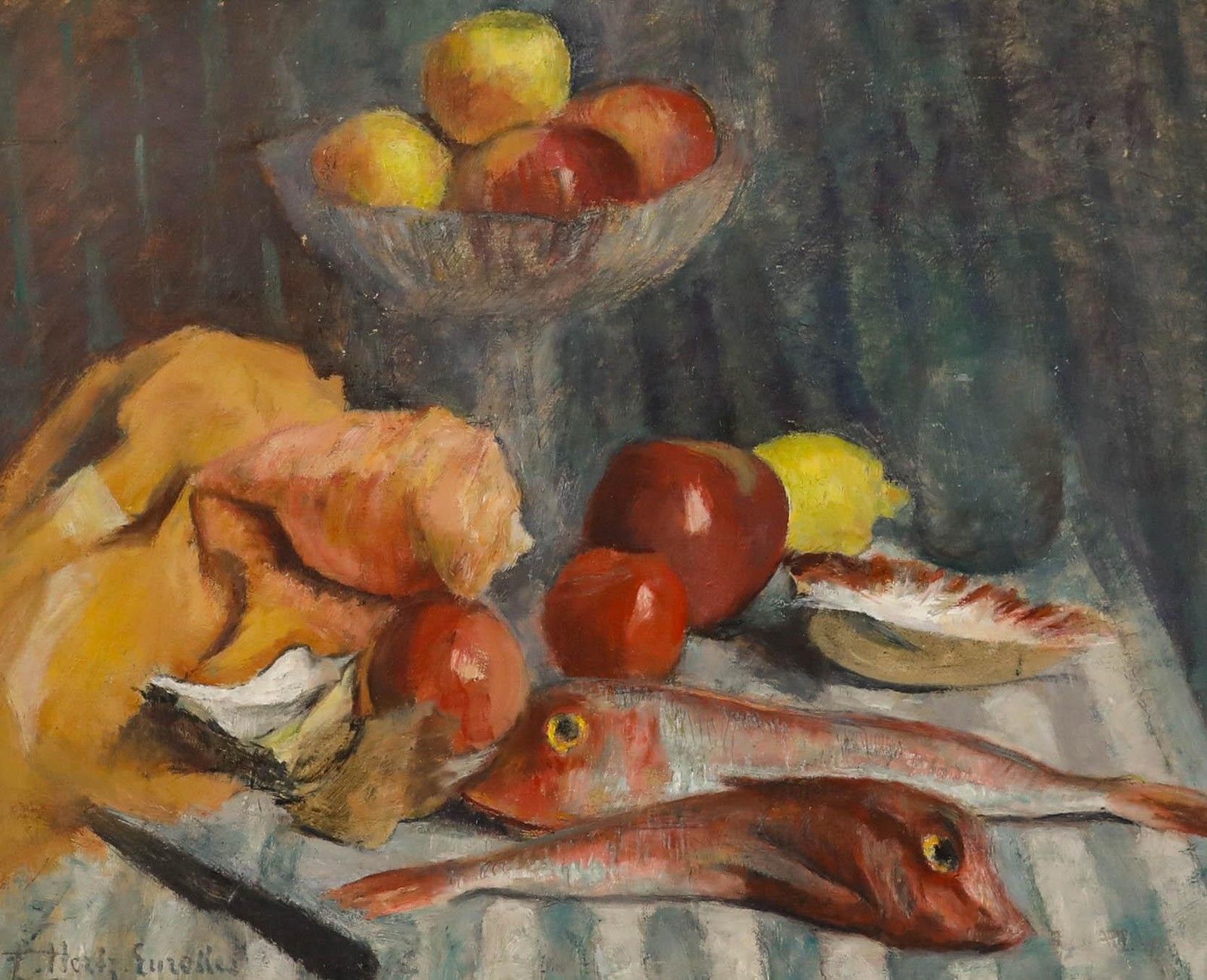 Cecile Hertz Eyrolles (1875 1974) Mid 20th Century Oil, Fruit And Fish photo furniture