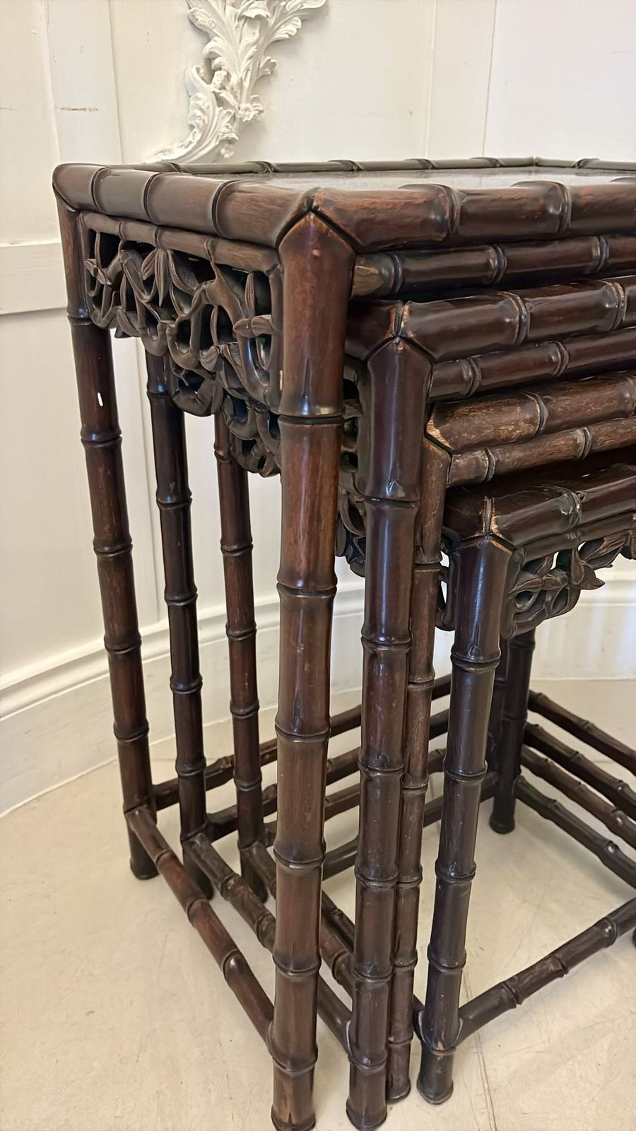 Antique 19th Century Carved Faux Bamboo Freestanding Nest Of Tables photo furniture