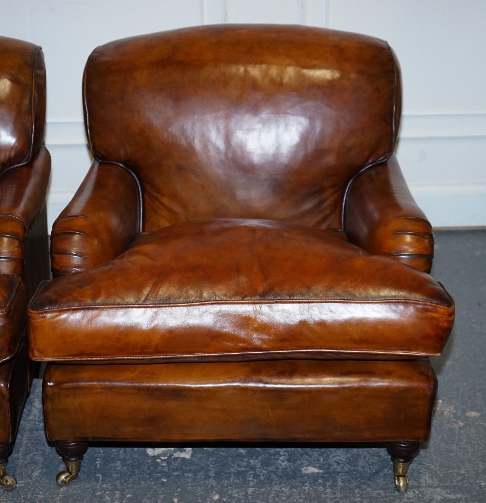 Large Pair Howard Style Hand Dyed Leather Armchairs Feather Filled Cushions photo 6500.0