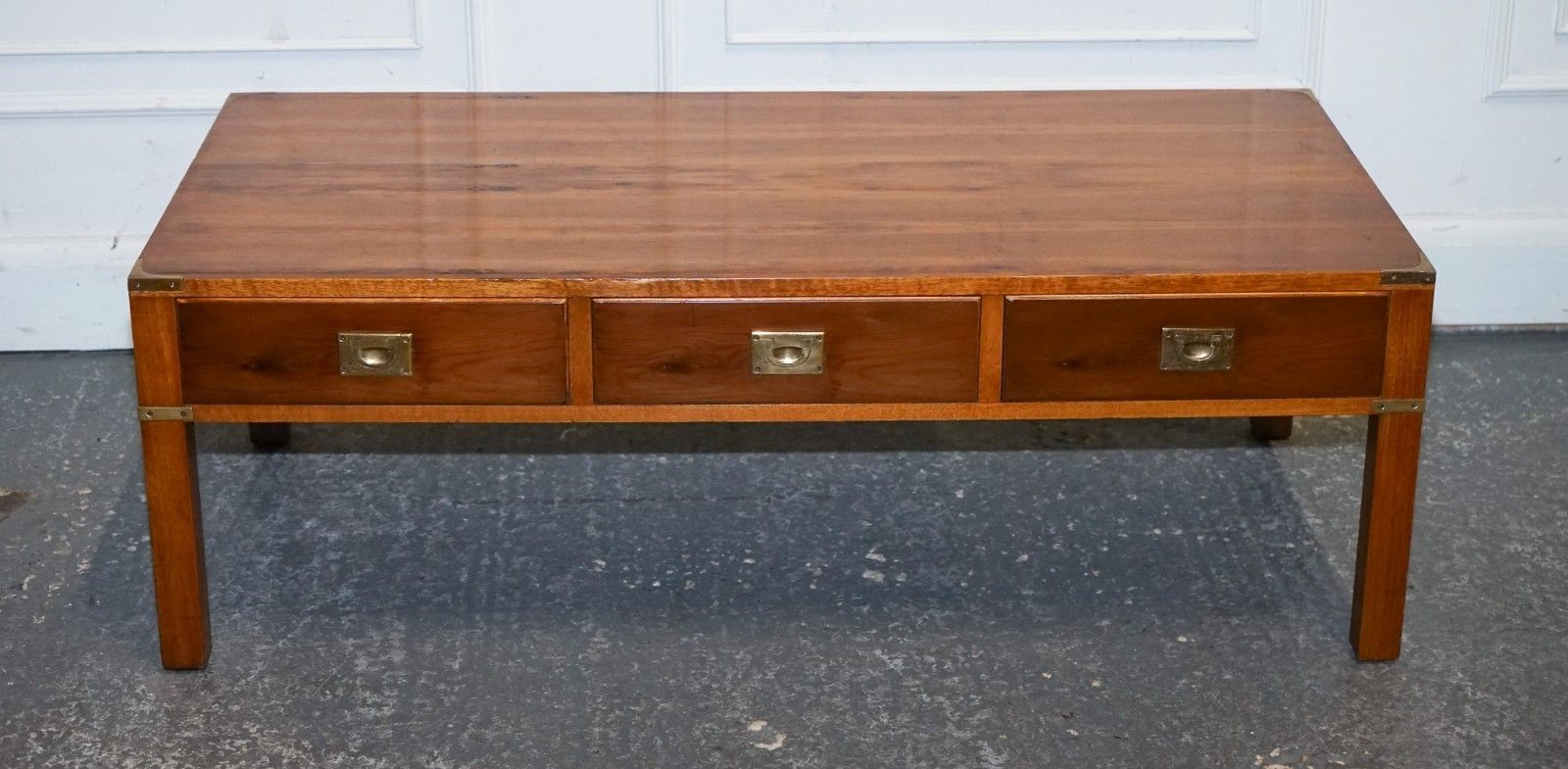 Vintage Yew Wood Brass Military Campaign 3 Drawer Coffee Table photo for sale