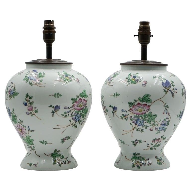 Pair Of 1960's Chinese Qianlong Nian Zhi Porcelain Vases Converted Table Lamps
