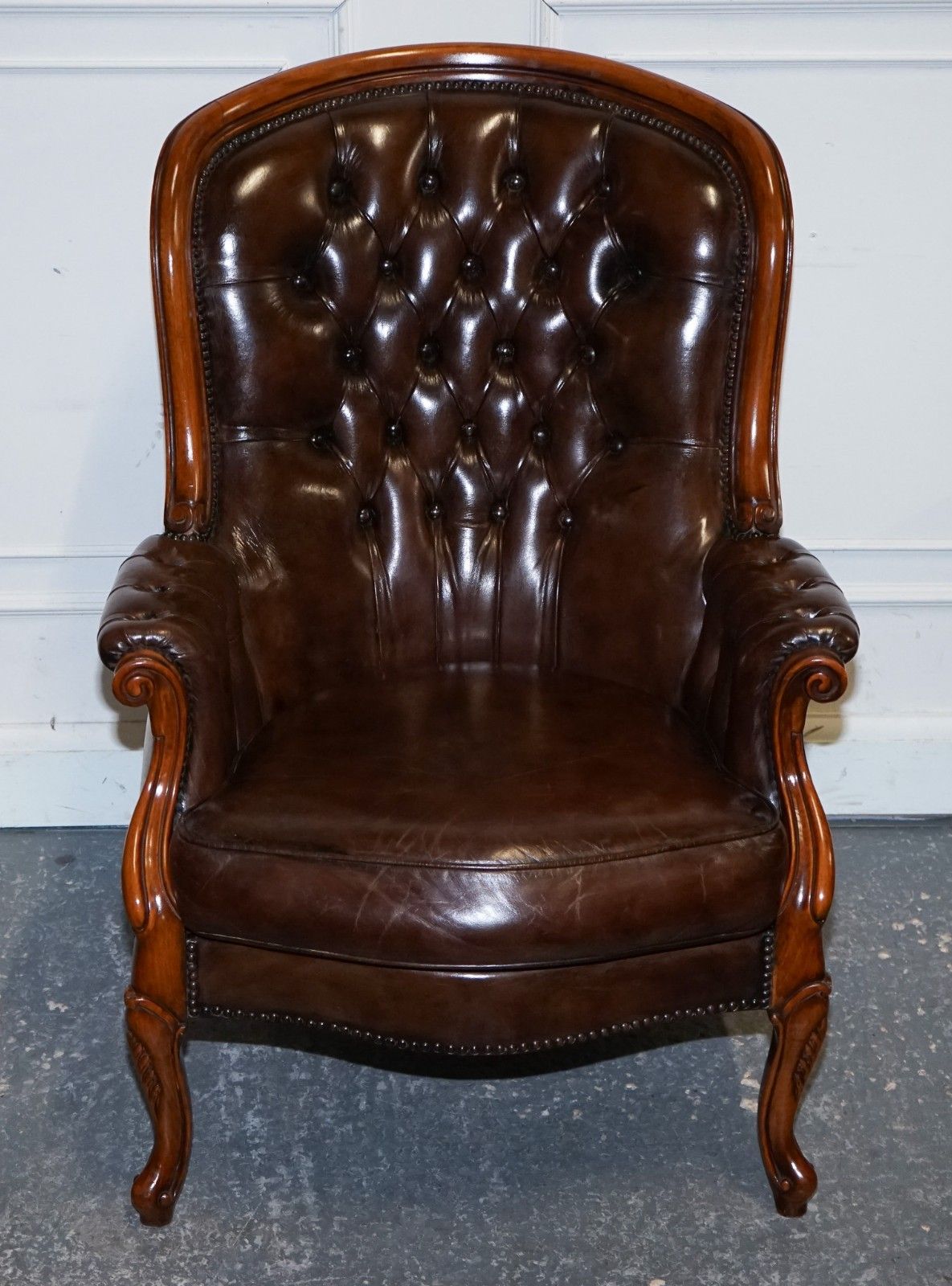 Antique Show Framed Victorian Chesterfield Dyed Leather Armchair & Footstool photo Furniture
