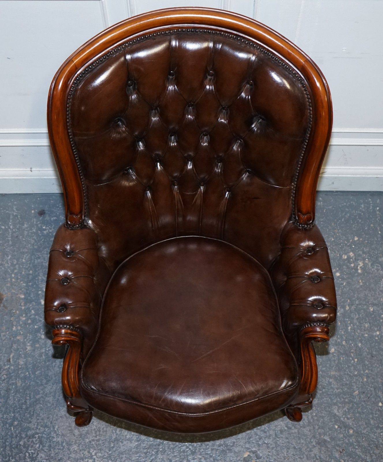 photo for sale Antique Show Framed Victorian Chesterfield Dyed Leather Armchair & Footstool