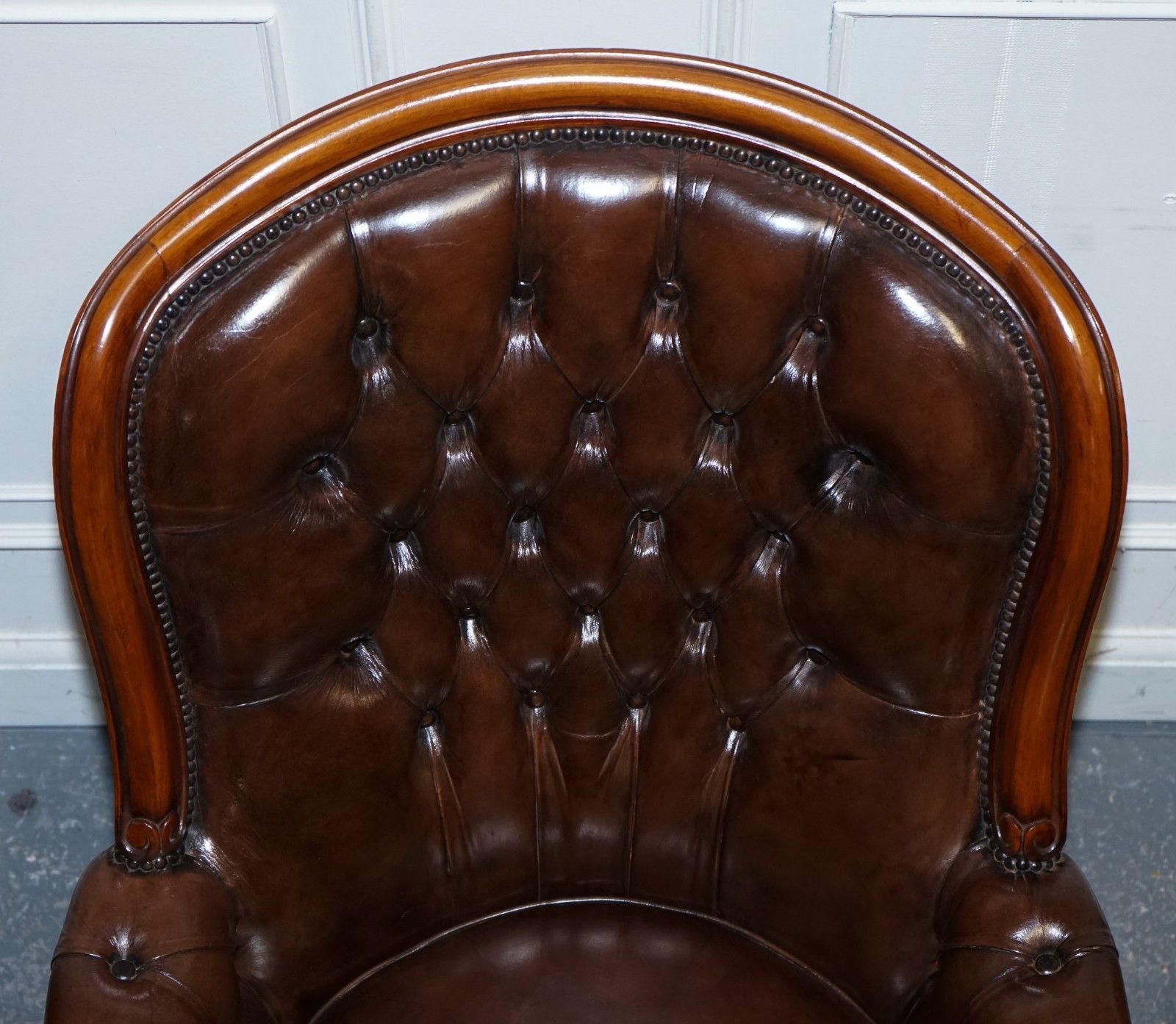 Furniture Antique Show Framed Victorian Chesterfield Dyed Leather Armchair & Footstool photo