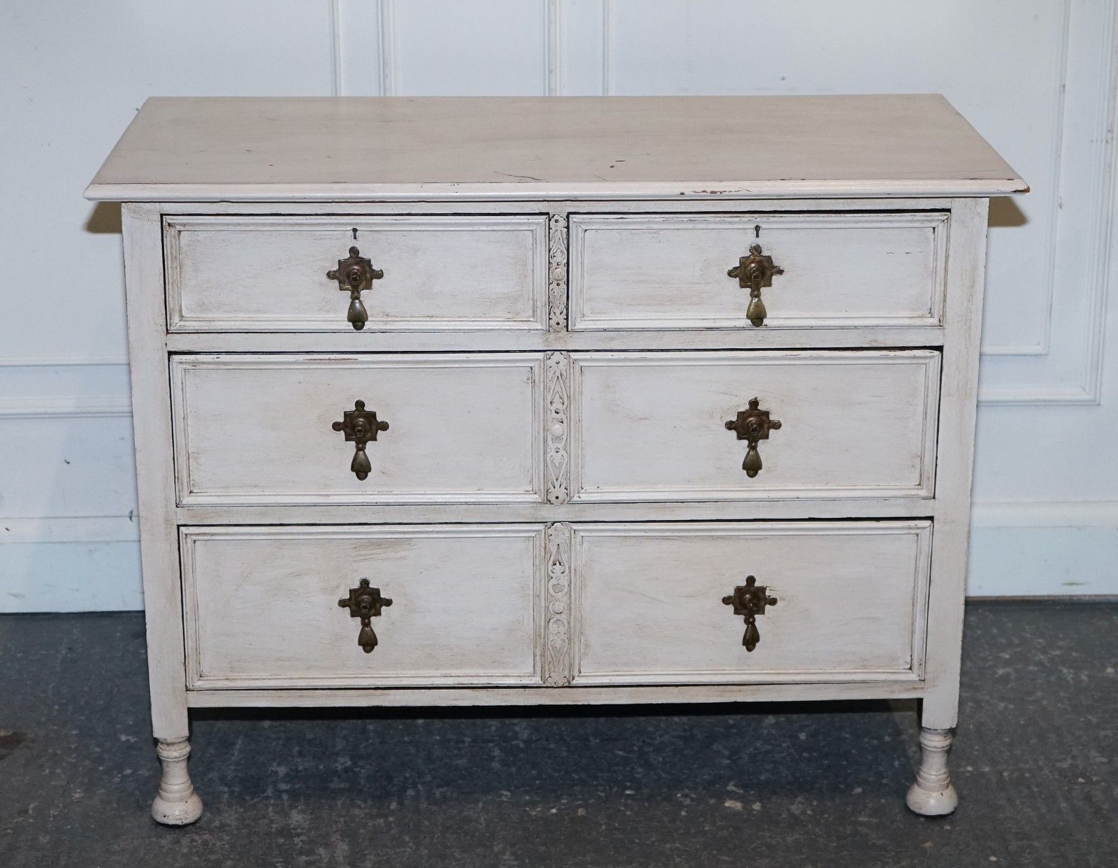 Antique Victorian Hand Painted Ivory White Chest Of Drawers With Brass Handles photo for sale