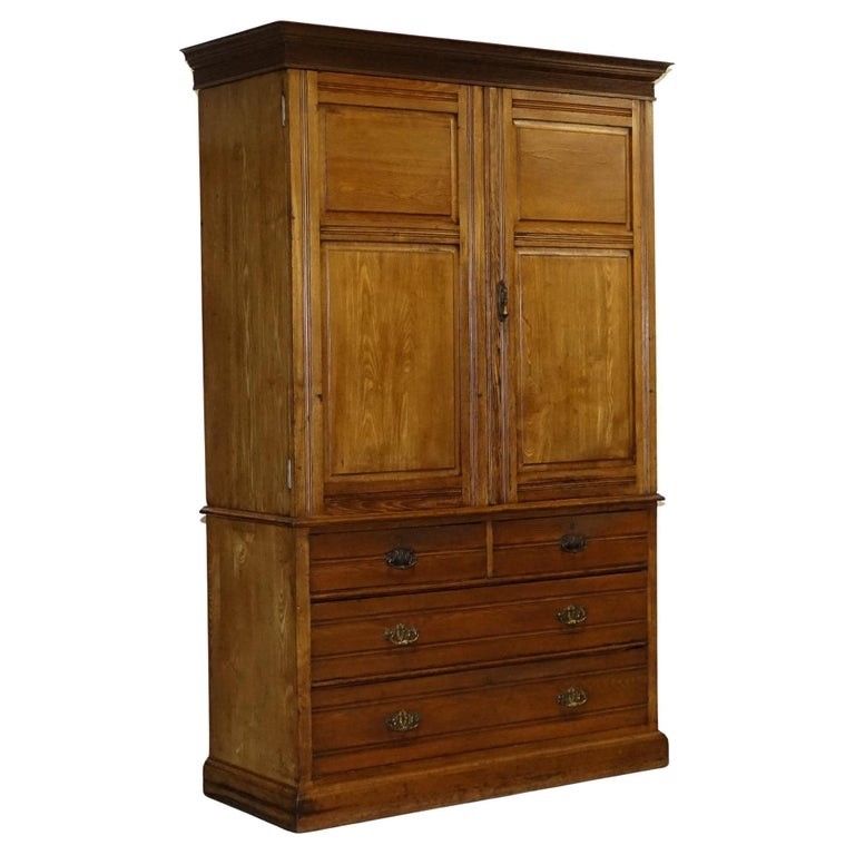 Antique Victorian English Oak Linen Press Wardrobe With Four Drawers