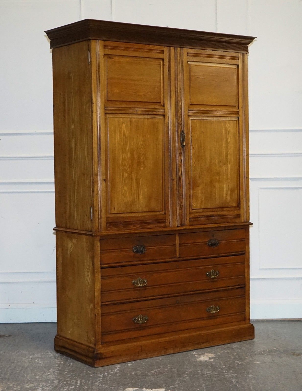 Antique Victorian English Oak Linen Press Wardrobe With Four Drawers photo furniture