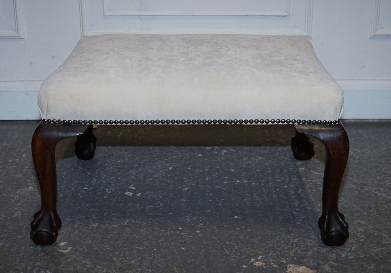 Furniture Antique Early Victorian Claw And Ball Feet Footstool With White Suede Top photo