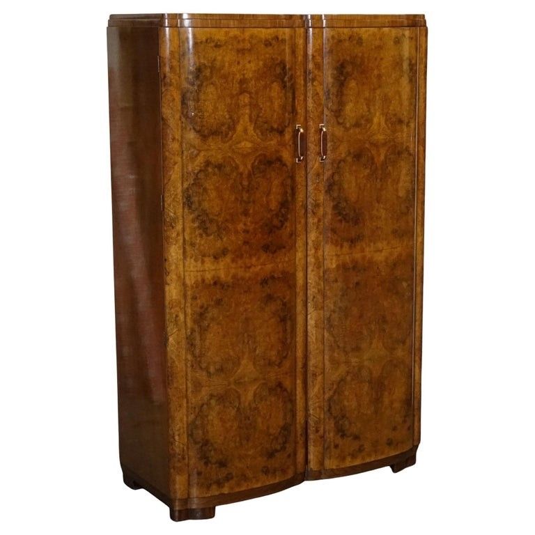 Antique Circa 1930's English Burr Walnut Art Deco Two Door Wardrobe