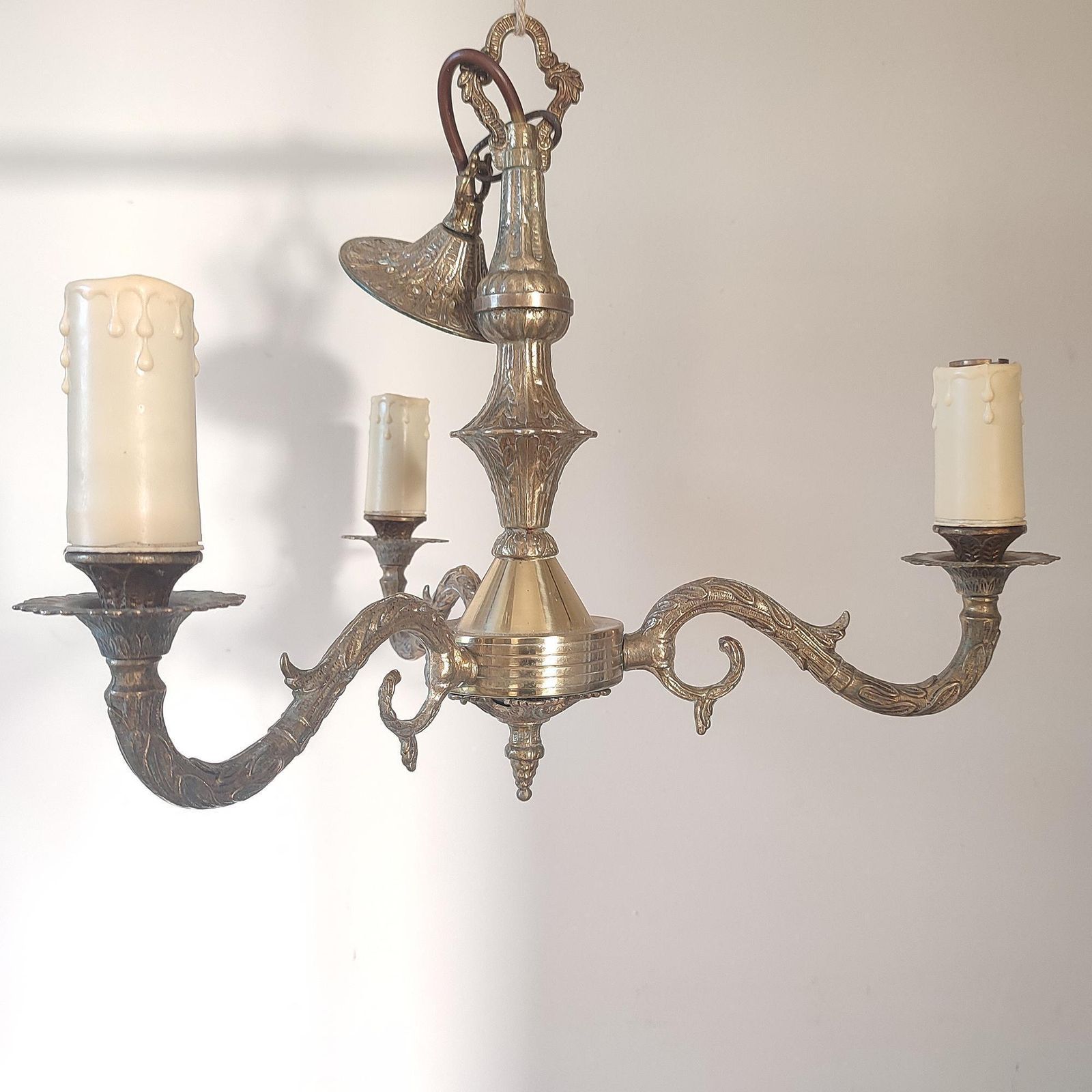 Antique Brass Three Arm Chandelier – Ornate Rococo Revival Ceiling Light (C.1900) photo for sale