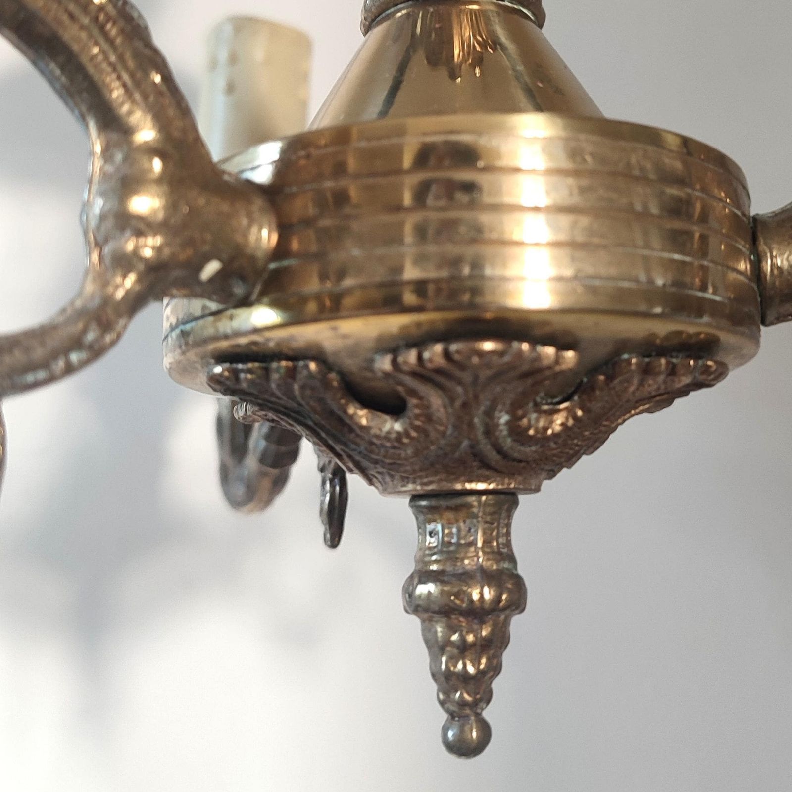 Antique Brass Three Arm Chandelier – Ornate Rococo Revival Ceiling Light (C.1900) photo vintage