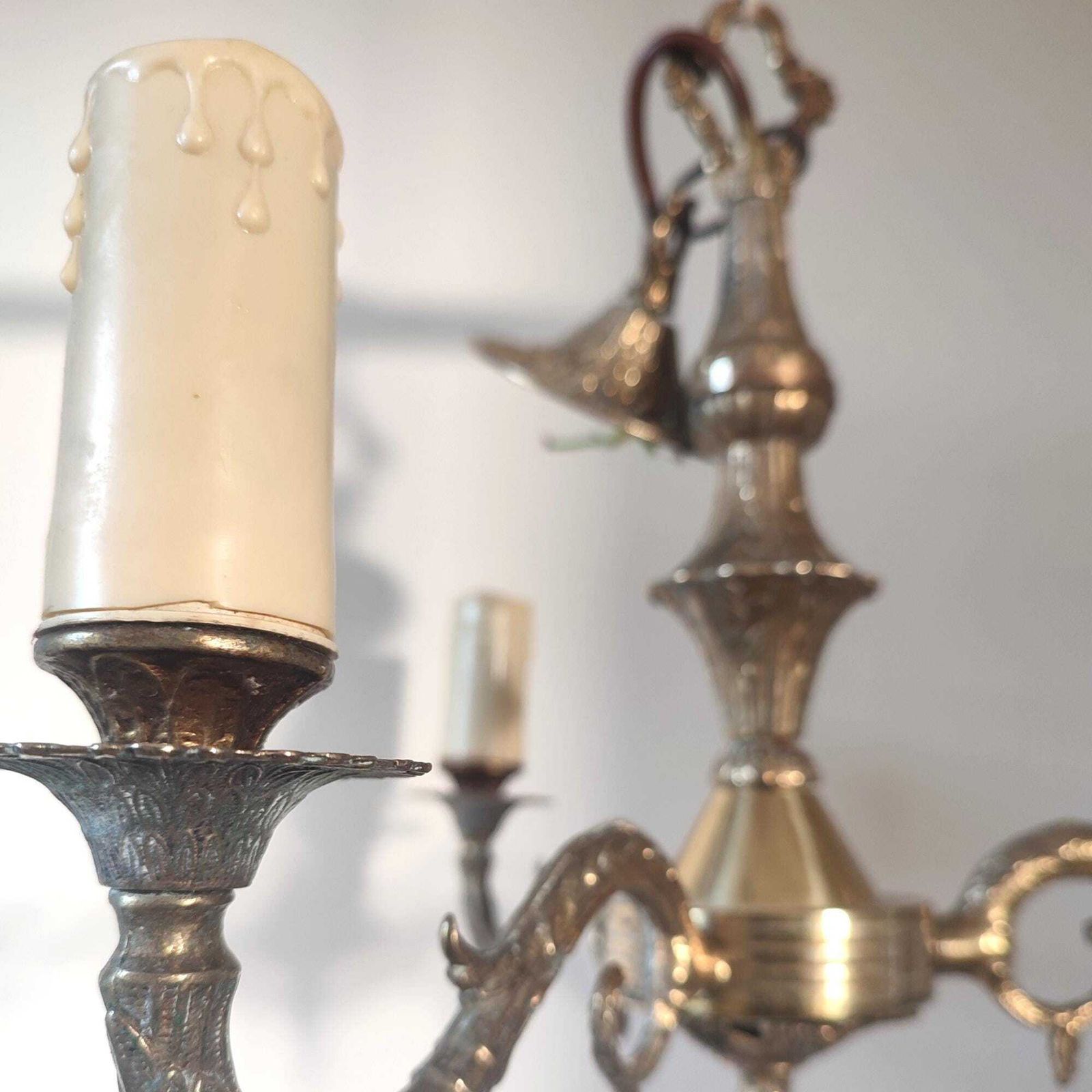 photo buy Antique Brass Three Arm Chandelier – Ornate Rococo Revival Ceiling Light (C.1900)