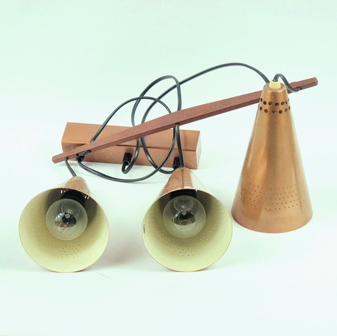 Mid Century Scandinavian Copper & Teak Triple Pendant By Hans Agne Jakobsson, Sweden, 1950s photo vinterior
