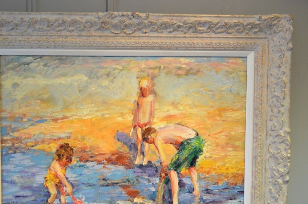 Beautiful Oil On Canvas. Children Playing On The Beach By Jeffrey Pratt B.1940 photo Art