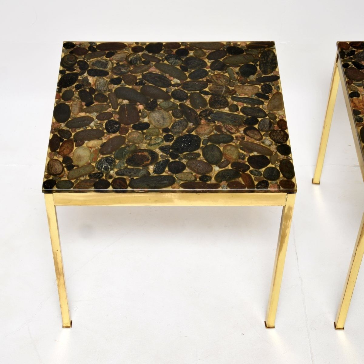 Pair Of Vintage Swedish Brass And Stone Side Tables photo for sale