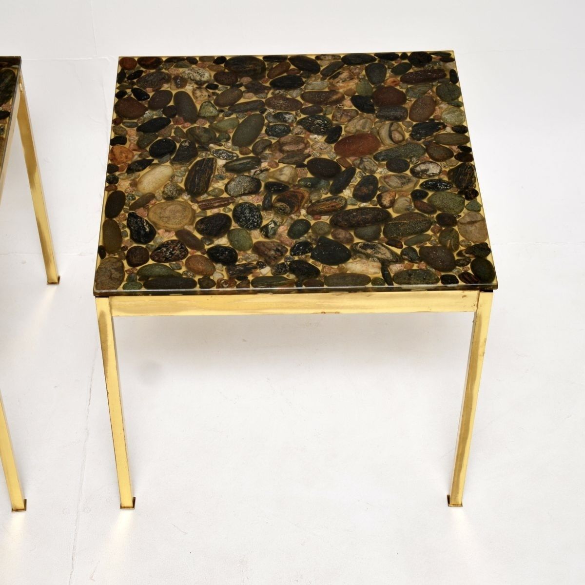 Pair Of Vintage Swedish Brass And Stone Side Tables photo Furniture