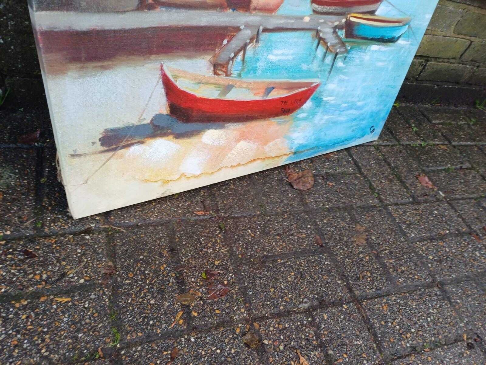Art Two Large Vintage Coastal Boat Paintings On Canvas, Seascape Art Pair, Beach Harbour Wall Decor (80cm X 80cm) photo
