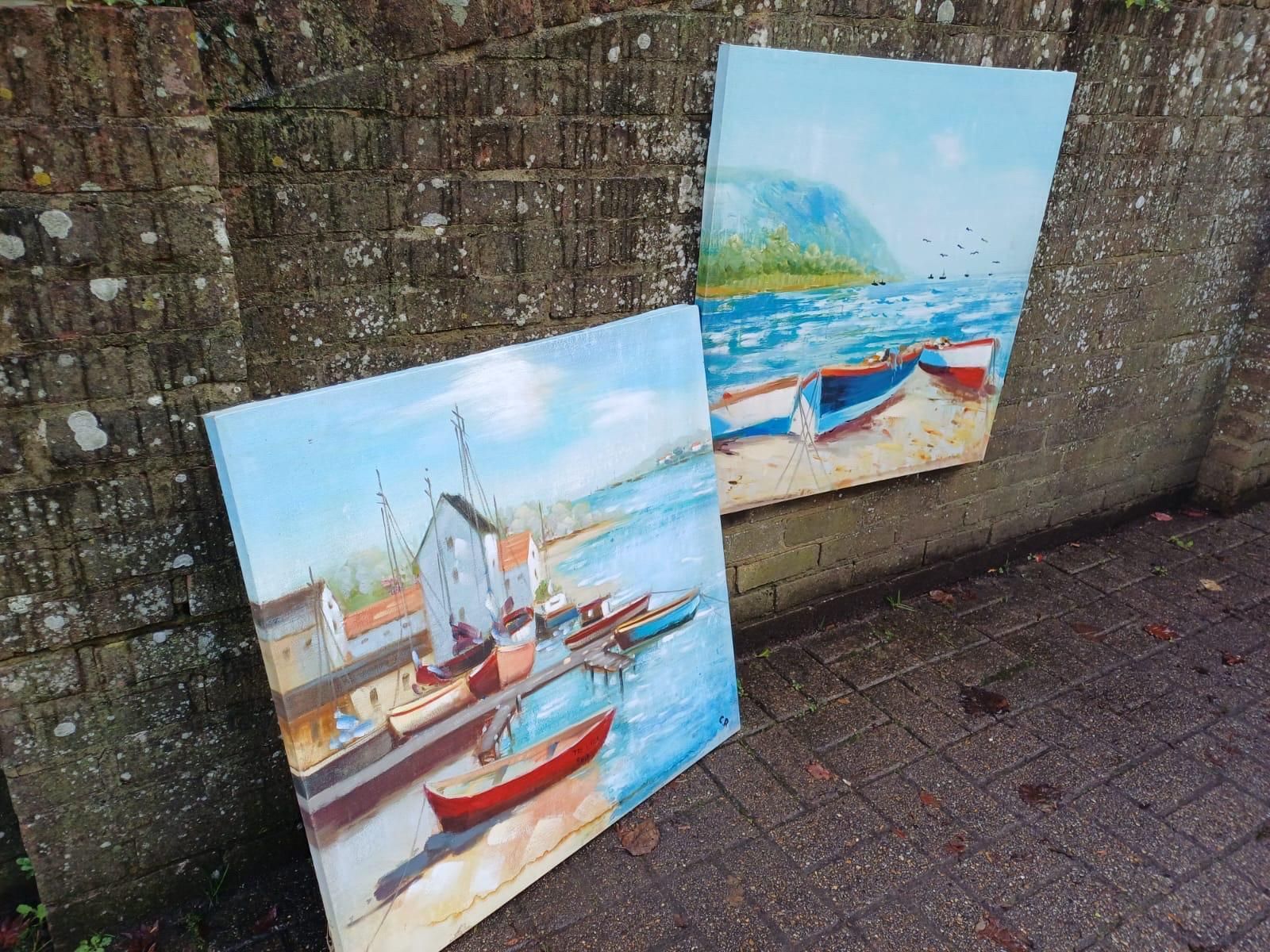 photo vintage Two Large Vintage Coastal Boat Paintings On Canvas, Seascape Art Pair, Beach Harbour Wall Decor (80cm X 80cm)