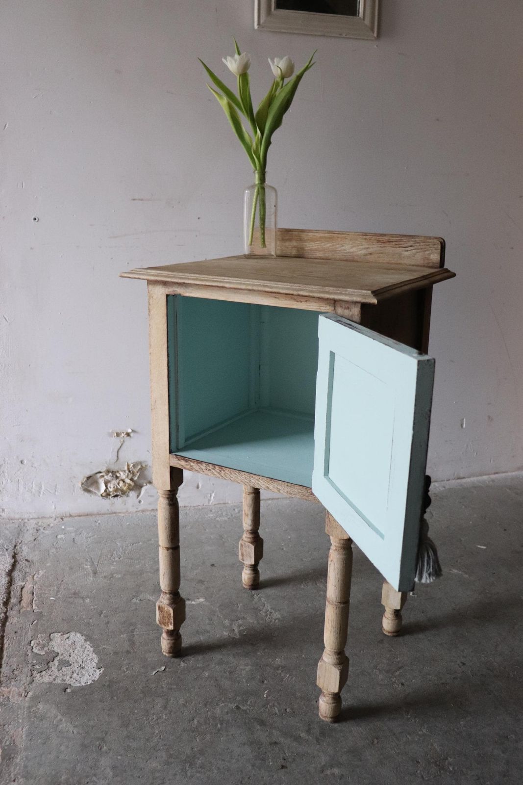 450.0 Stripped French Oak Washstand Or Bedside Cabinet With Duck Egg Interior photo
