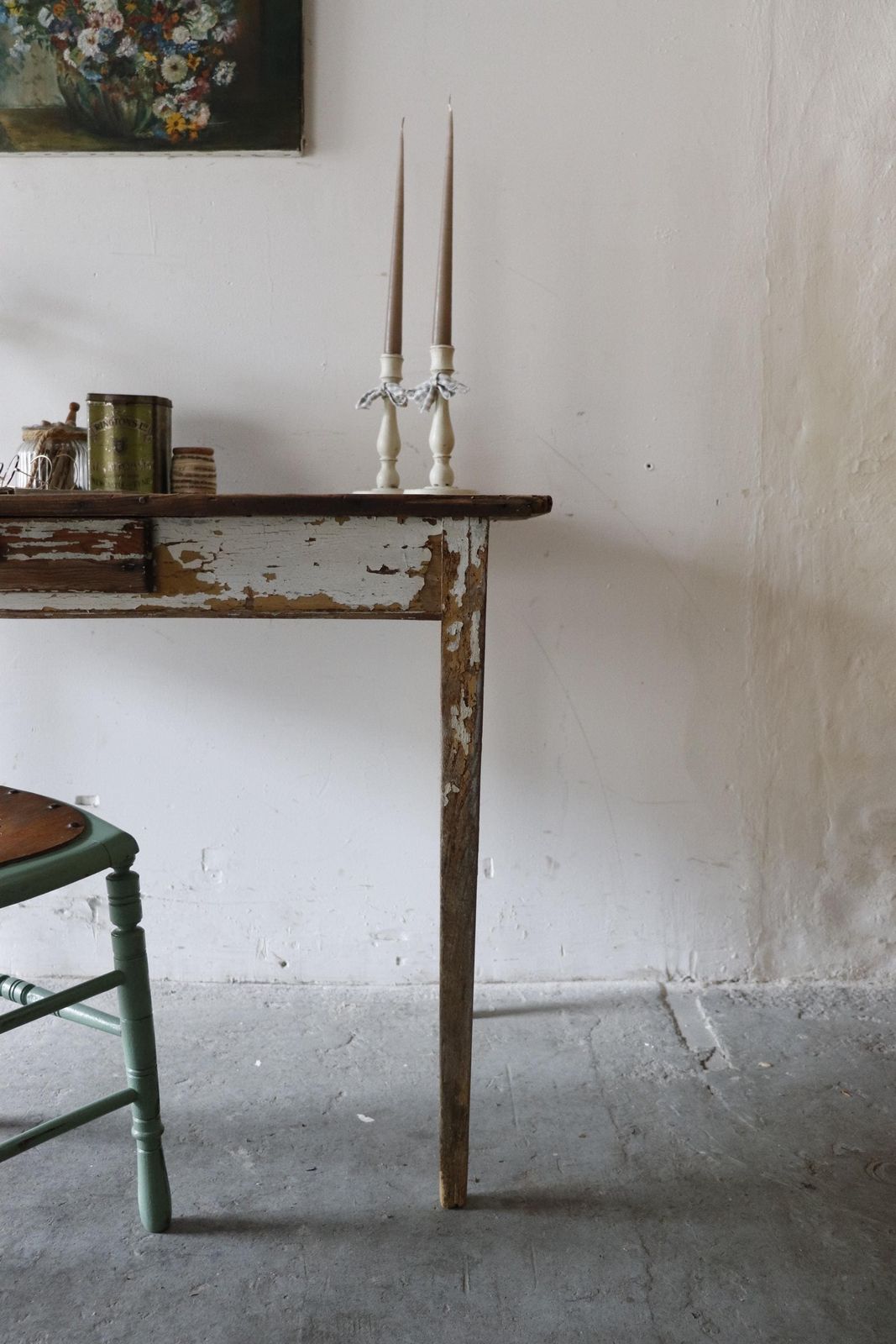 Original French Pine Kitchen Table Or Desk With White Painted And Distressed Finish photo Furniture