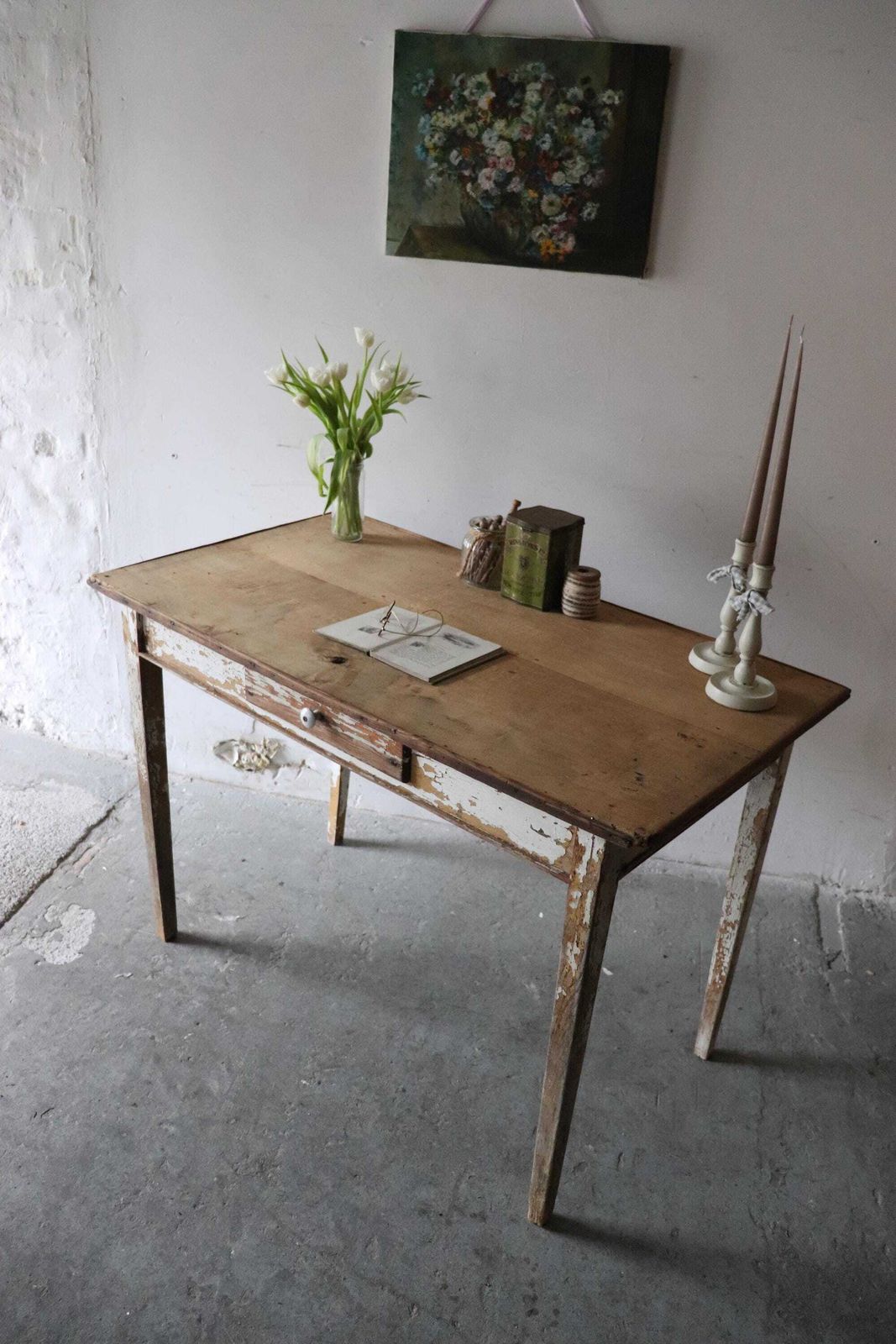 photo furniture Original French Pine Kitchen Table Or Desk With White Painted And Distressed Finish