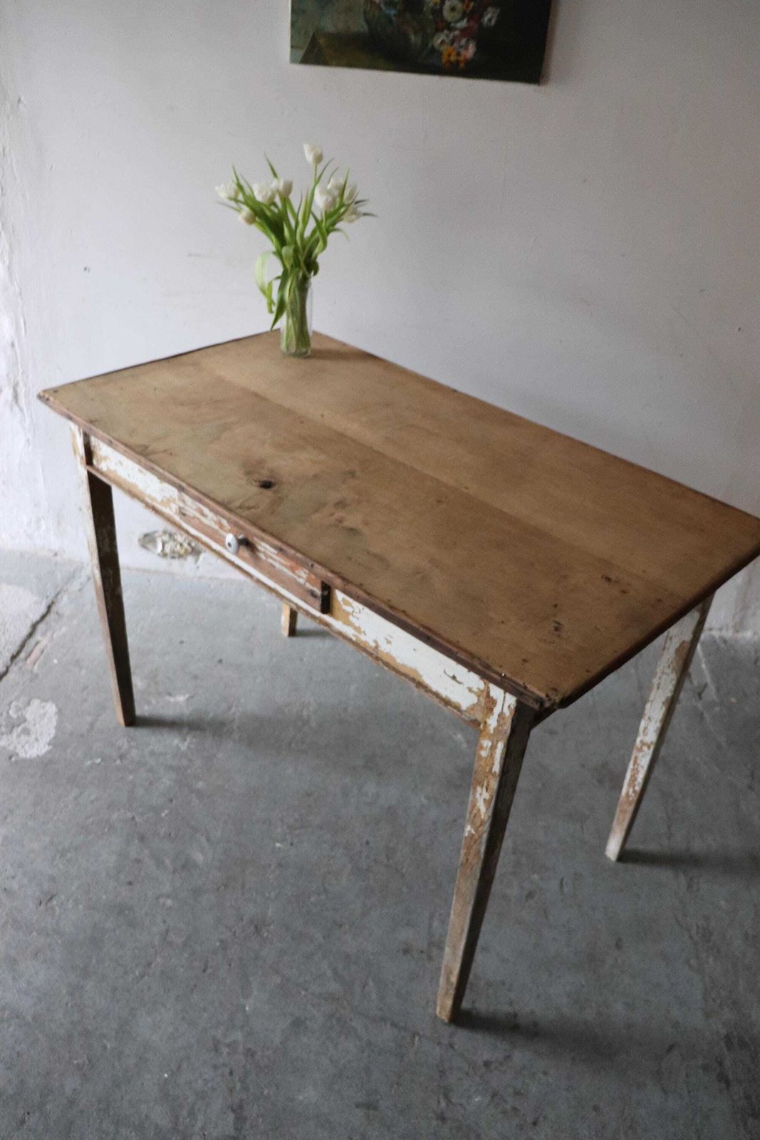 photo for sale Original French Pine Kitchen Table Or Desk With White Painted And Distressed Finish