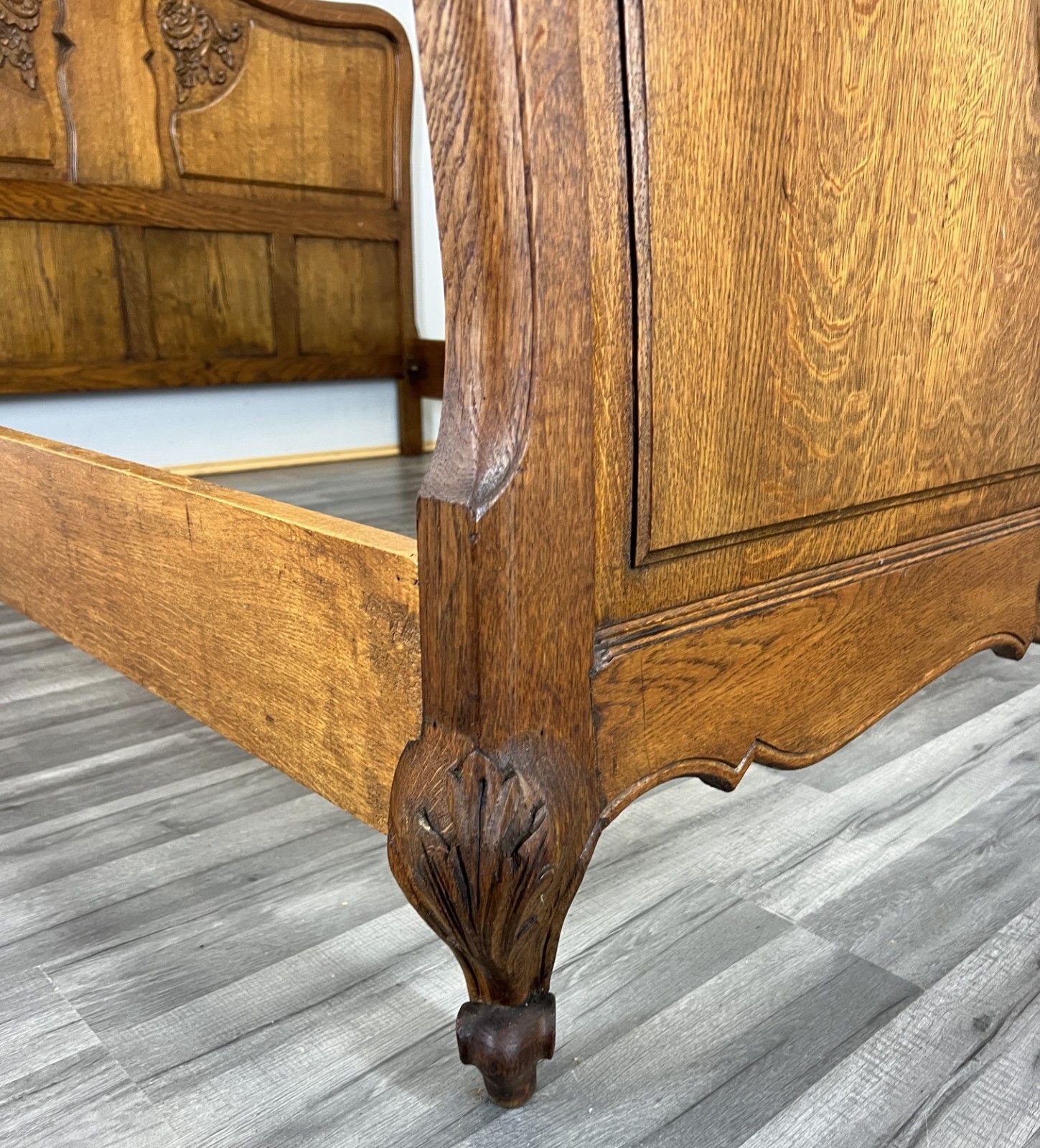 Bed Vintage French Louis XVI Double Bed Frame Oak Carved Headboard Lot 4587 photo vinterior