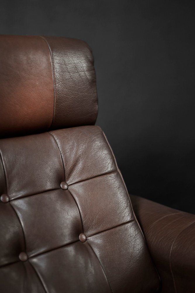 photo vintage Mid Century Danish Modern Brown Leather Swivel Armchair From Lystager Industri, 1970s