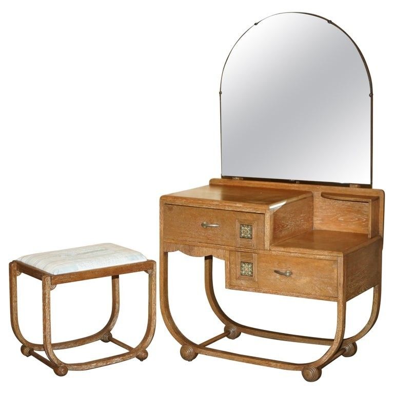 Art Deco Heals London Limed Oak Dressing Table & Stool Part Of A Large Suite