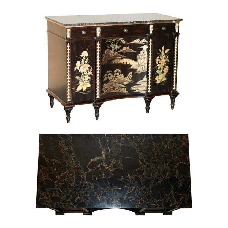 Stunning Large Marble Topped Chinese Chinoiserie Sideboard With Space For Fridge