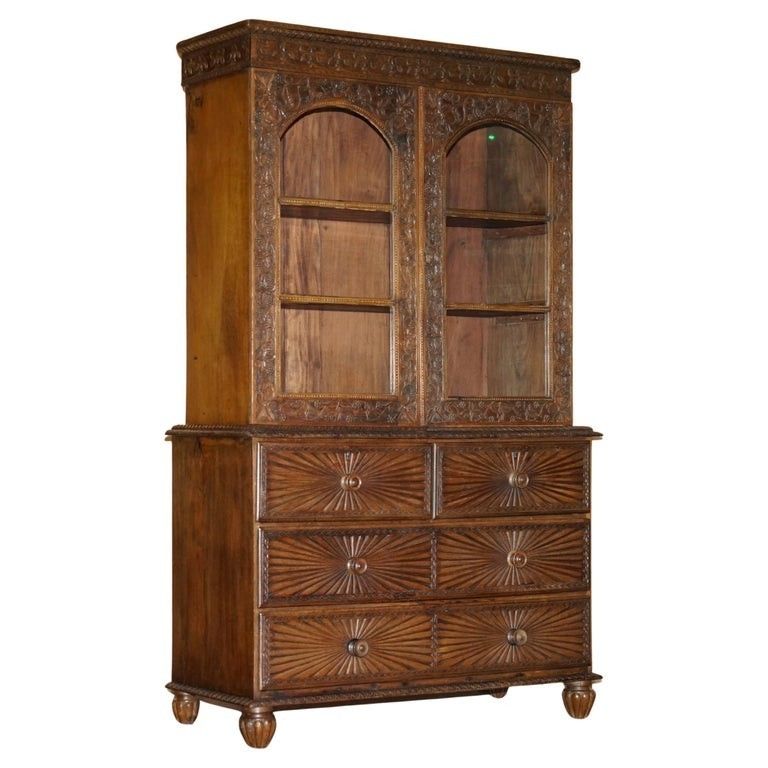 Antique 19th Century Colonial Anglo Indian Rosewood Bookcase On Chest Of Drawers