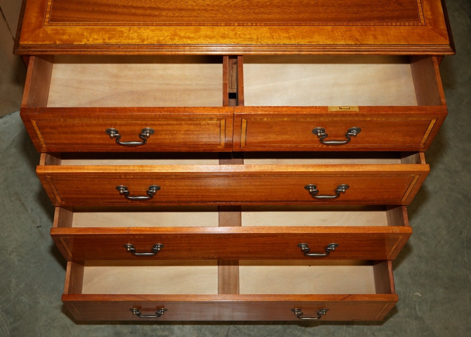 photo buy Pair Of Restored Mahogany & Satinwood Antique Sheraton Revival Chest Of Drawers