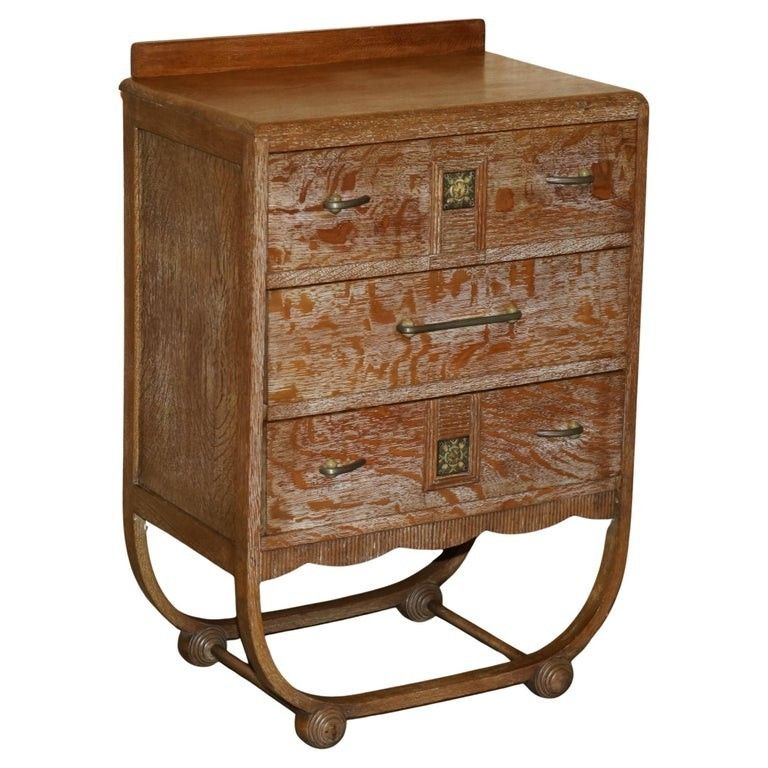 Art Deco Heals London Limed Oak Tall Chest Of Drawers Of A Large Suite