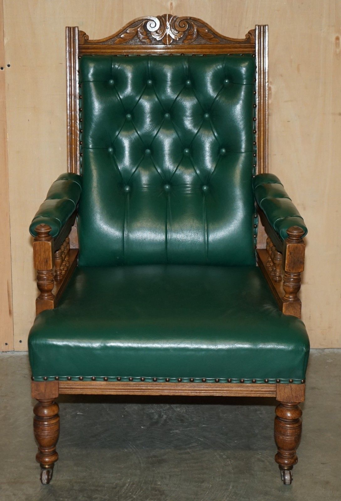 Pair Of Antique Victorian Hand Carved English Oak & Leather Library Armchairs photo for sale