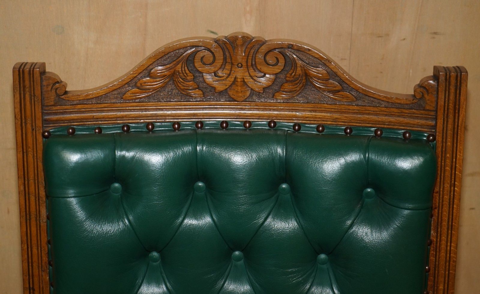 Pair Of Antique Victorian Hand Carved English Oak & Leather Library Armchairs photo 2950.0