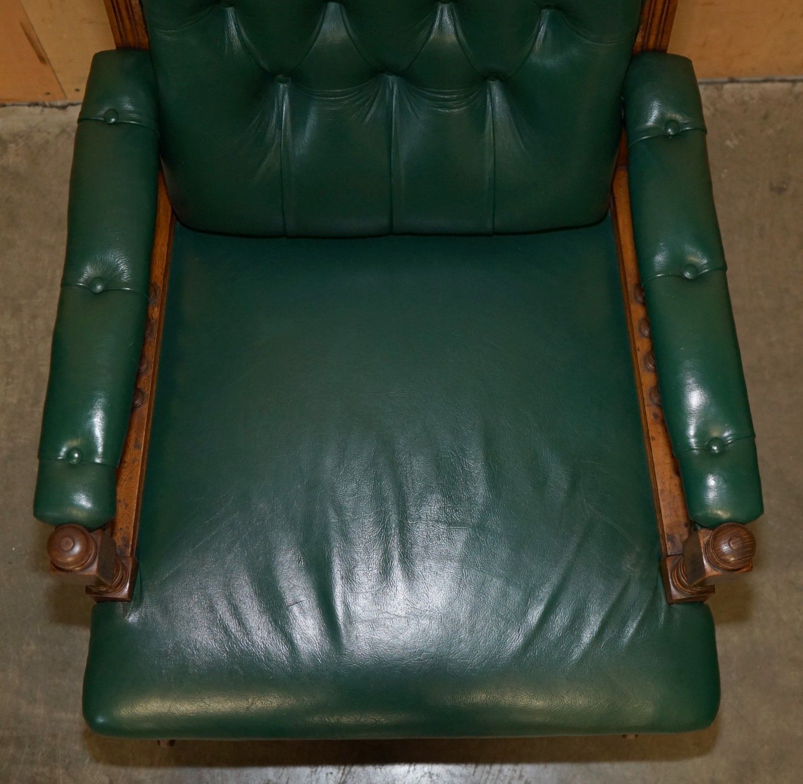 Pair Of Antique Victorian Hand Carved English Oak & Leather Library Armchairs photo vinterior