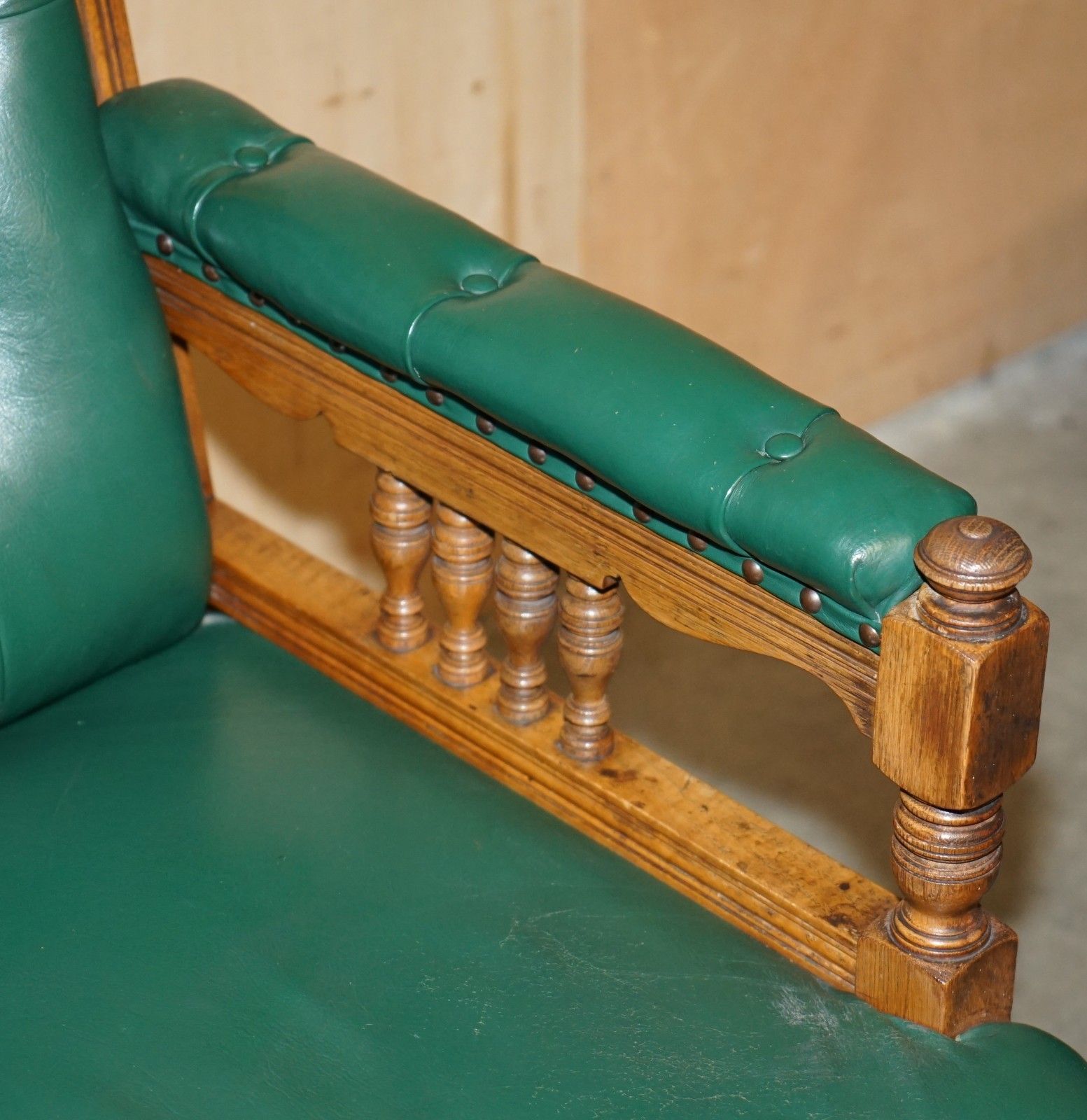 Pair Of Antique Victorian Hand Carved English Oak & Leather Library Armchairs photo vintage
