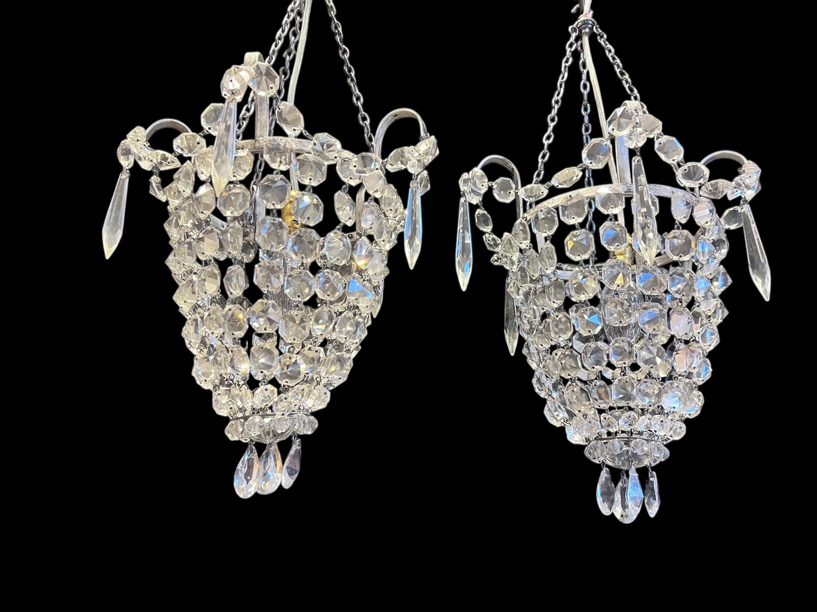 A Pair Of One Light English Antiqe Silver Bag Chandeliers